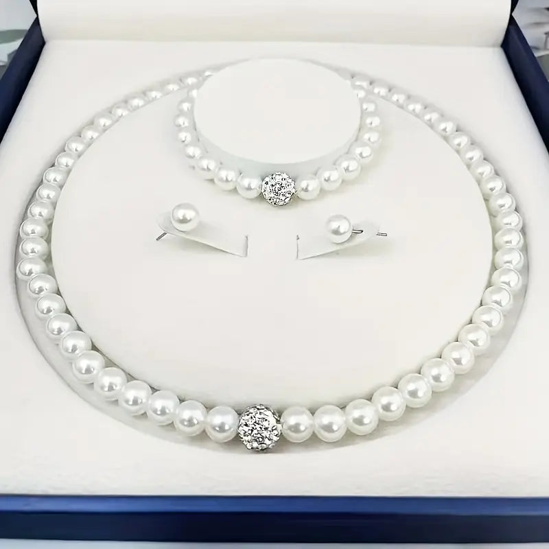 (Cercei + colier + bijuterii de mână, set de 3 piese) Set de bijuterii rafinat și elegant cu perle strălucitoare și strasuri