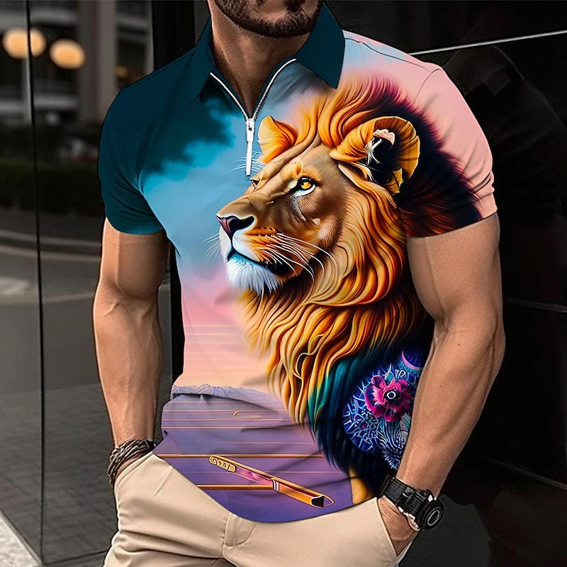 【XS-5XL】Tricou polo bărbătesc cu imprimeu 3D de leu