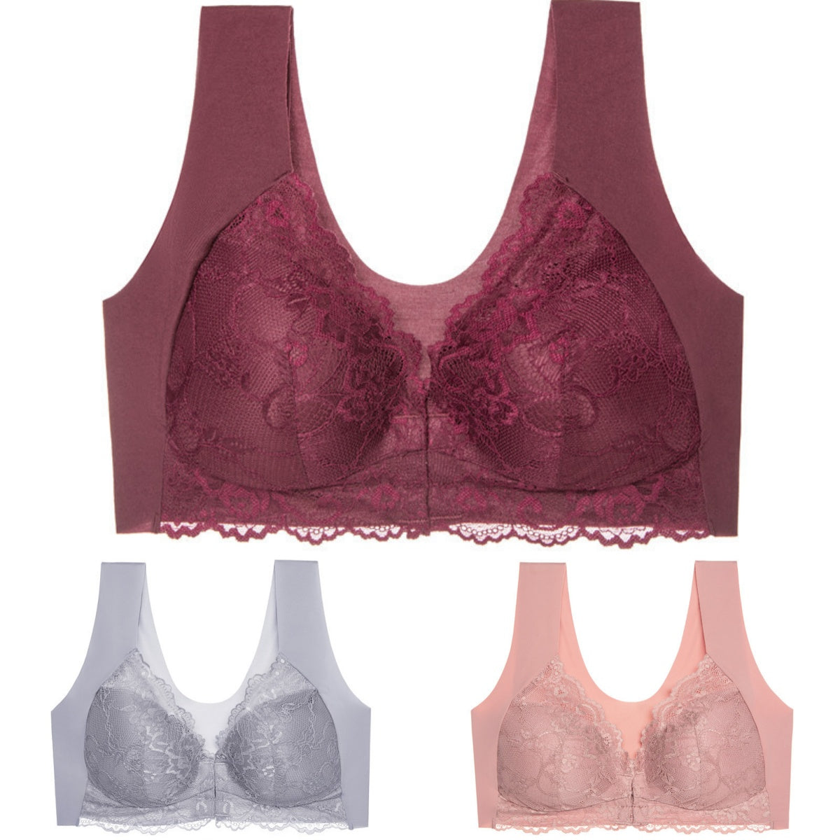 🥰3 bucăți👙 Sutien push-up cu închidere frontală din dantelă - fără cusături, spate frumos, confortabil