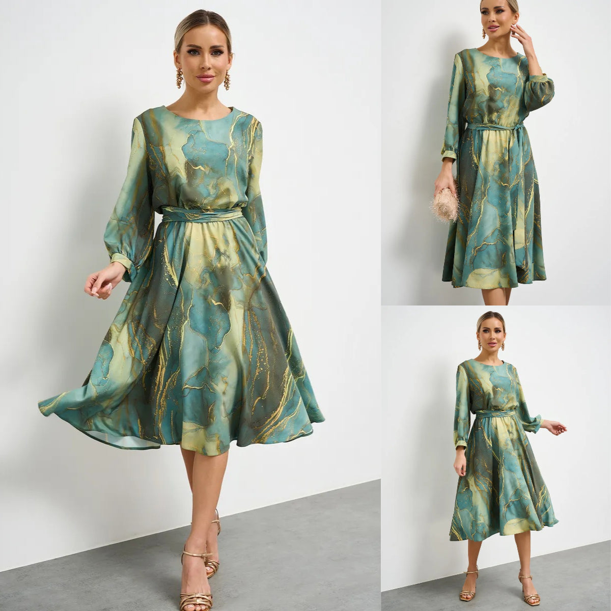 🌿👗【Zâna de primăvară】2025 rochie verde elegantă cu mâneci lungi și fustă🌸💃