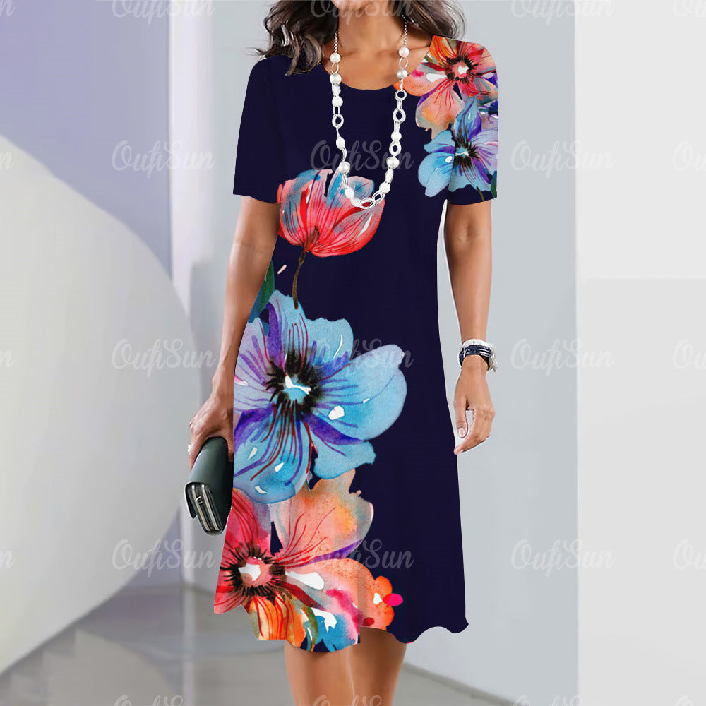 👗【S-5XL】Rochie midi cu mânecă lungă, cu decolteu rotund, imprimată nouă