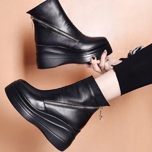 【35-40】Cizme scurte din piele cu vârf rotund, cu platformă cu fermoar diagonal, cu talpă groasă 3774269
