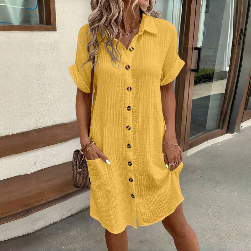 👗😍Rochie cu mânecă scurtă din bumbac și lenjerie de bumbac, lejeră și respirabilă