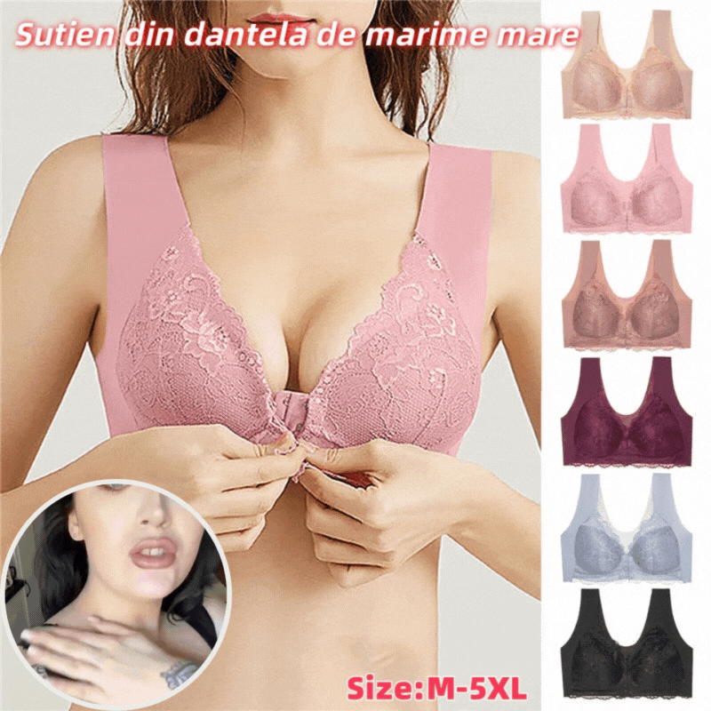 🥰3 bucăți👙 Sutien push-up cu închidere frontală din dantelă - fără cusături, spate frumos, confortabil