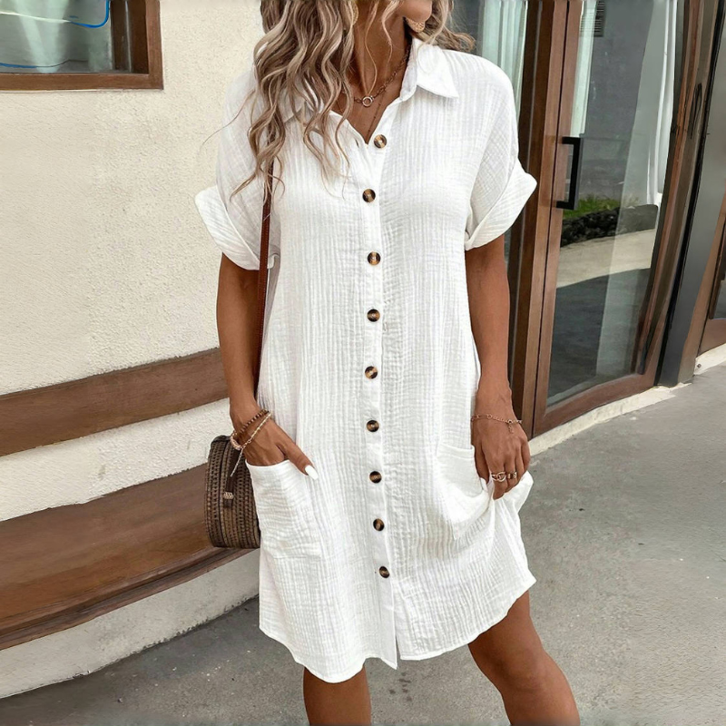 👗😍Rochie cu mânecă scurtă din bumbac și lenjerie de bumbac, lejeră și respirabilă