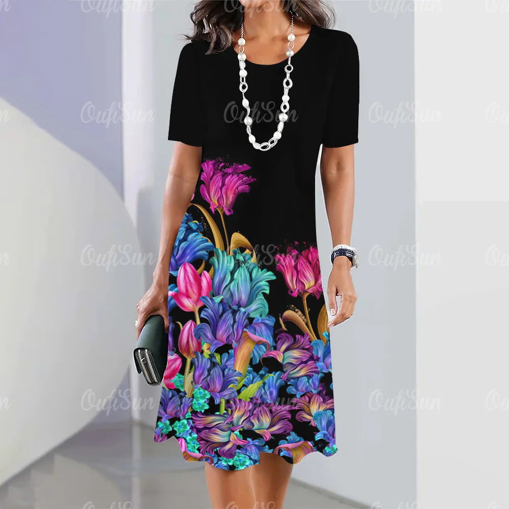 👗【S-5XL】Rochie midi cu mânecă lungă, cu decolteu rotund, imprimată nouă