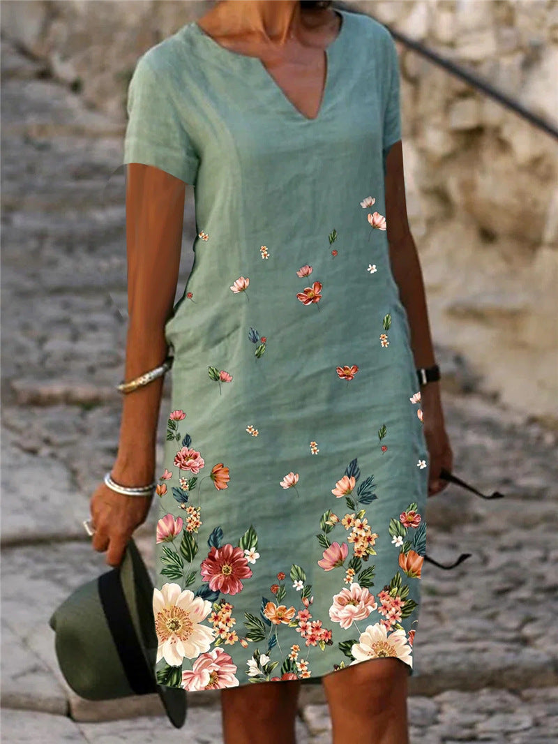 【S-3XL】🌺🦋2025 Rochie cu mânecă scurtă și decolteu în V, cu imprimeu cu flori și fluturi