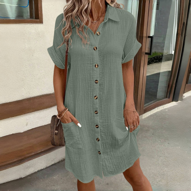 👗😍Rochie cu mânecă scurtă din bumbac și lenjerie de bumbac, lejeră și respirabilă