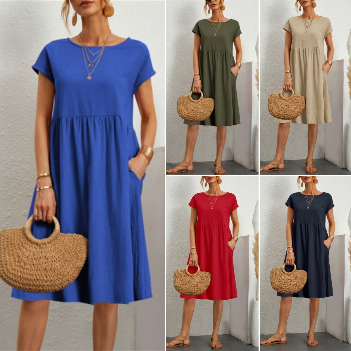 【S-2XL】2025 temperament de vară temperament femei rotund gât rotund A-line fusta