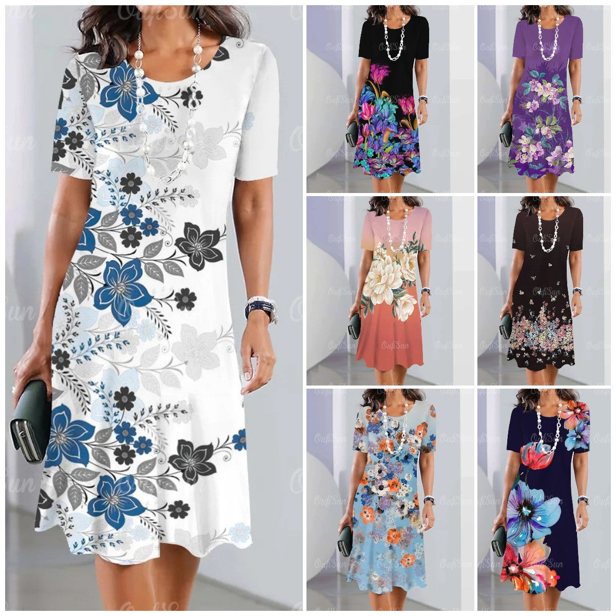 👗【S-5XL】Rochie midi cu mânecă lungă, cu decolteu rotund, imprimată nouă