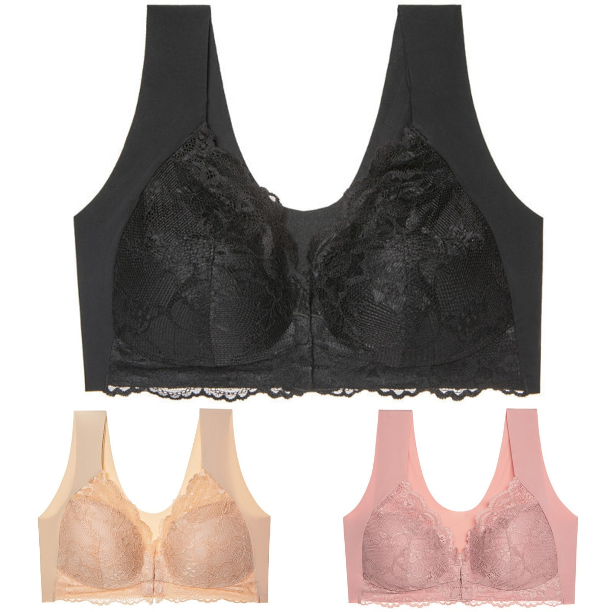🥰3 bucăți👙 Sutien push-up cu închidere frontală din dantelă - fără cusături, spate frumos, confortabil