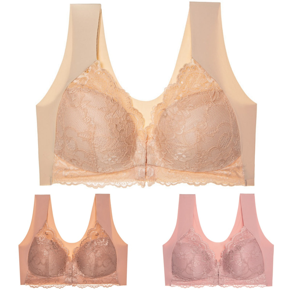 🥰3 bucăți👙 Sutien push-up cu închidere frontală din dantelă - fără cusături, spate frumos, confortabil