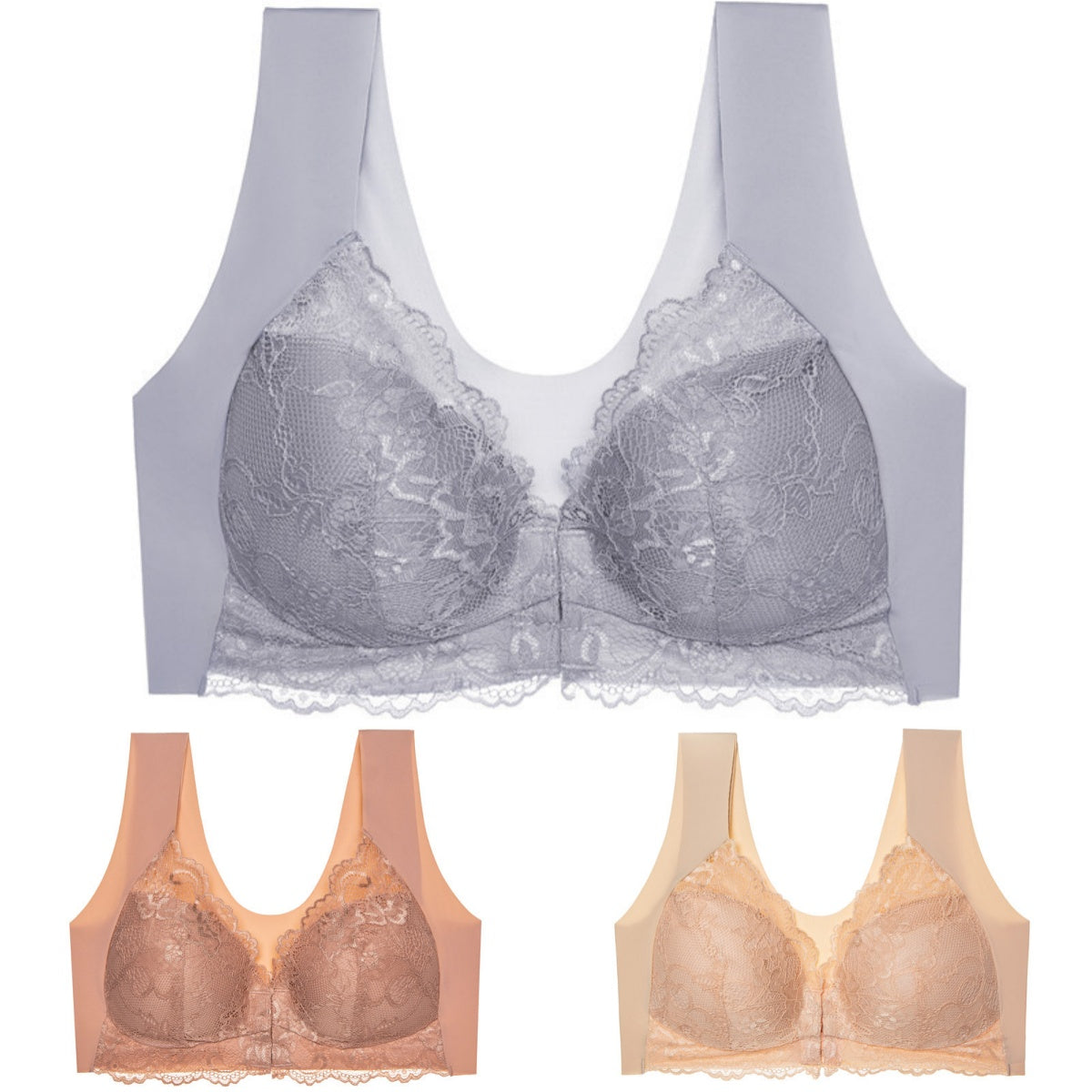 🥰3 bucăți👙 Sutien push-up cu închidere frontală din dantelă - fără cusături, spate frumos, confortabil
