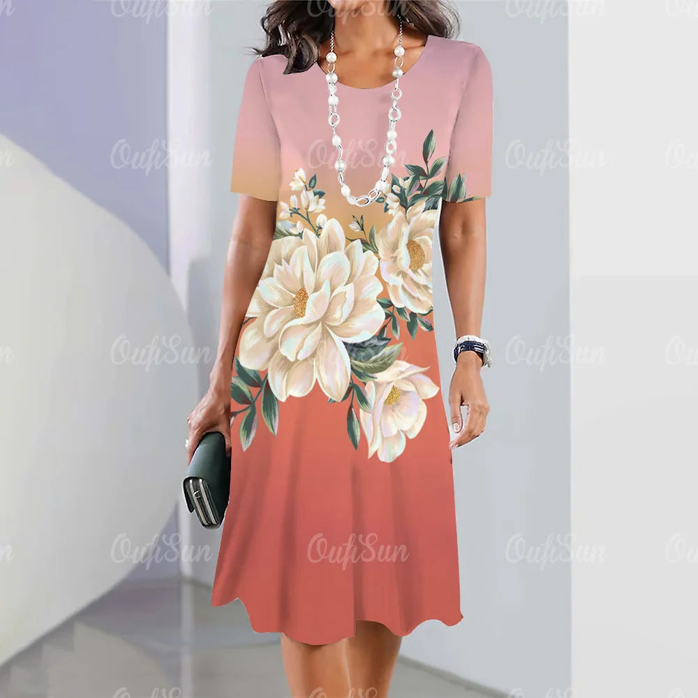 👗【S-5XL】Rochie midi cu mânecă lungă, cu decolteu rotund, imprimată nouă