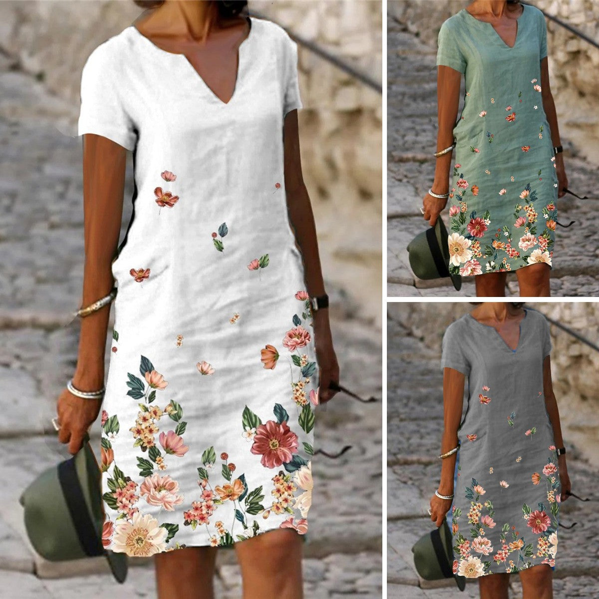 【S-3XL】🌺🦋2025 Rochie cu mânecă scurtă și decolteu în V, cu imprimeu cu flori și fluturi