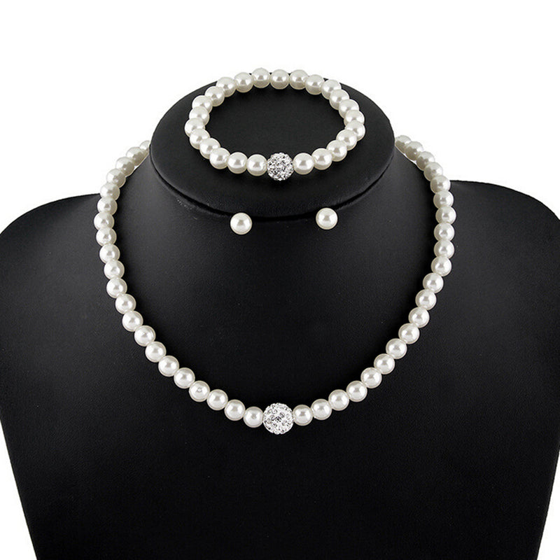 (Cercei + colier + bijuterii de mână, set de 3 piese) Set de bijuterii rafinat și elegant cu perle strălucitoare și strasuri