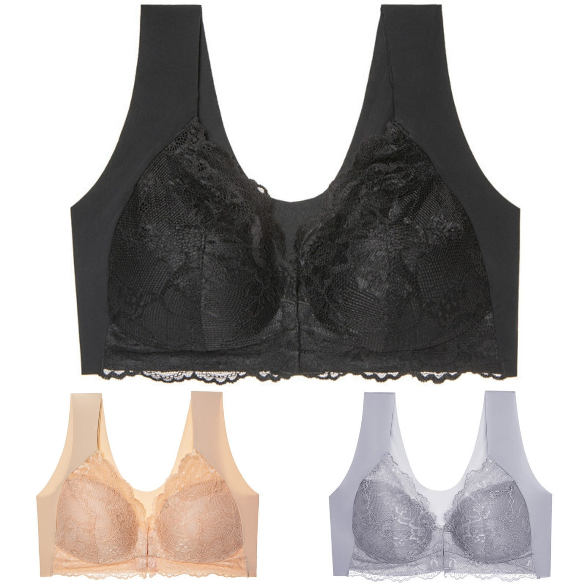 🥰3 bucăți👙 Sutien push-up cu închidere frontală din dantelă - fără cusături, spate frumos, confortabil