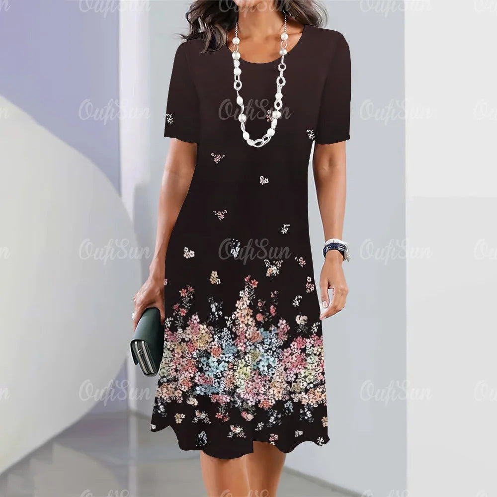 👗【S-5XL】Rochie midi cu mânecă lungă, cu decolteu rotund, imprimată nouă