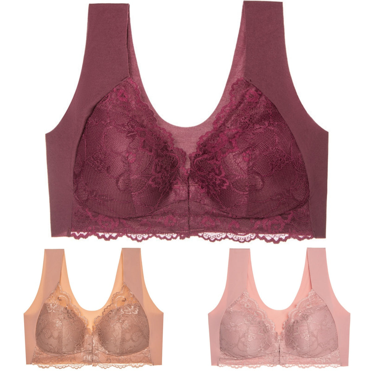 🥰3 bucăți👙 Sutien push-up cu închidere frontală din dantelă - fără cusături, spate frumos, confortabil