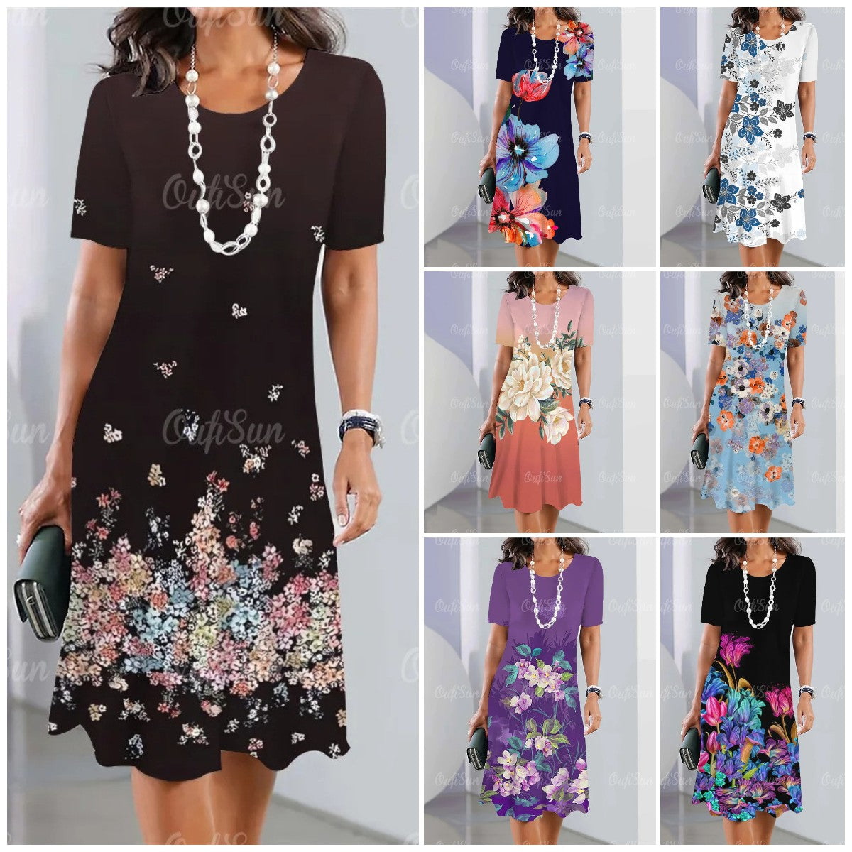 👗【S-5XL】Rochie midi cu mânecă lungă, cu decolteu rotund, imprimată nouă