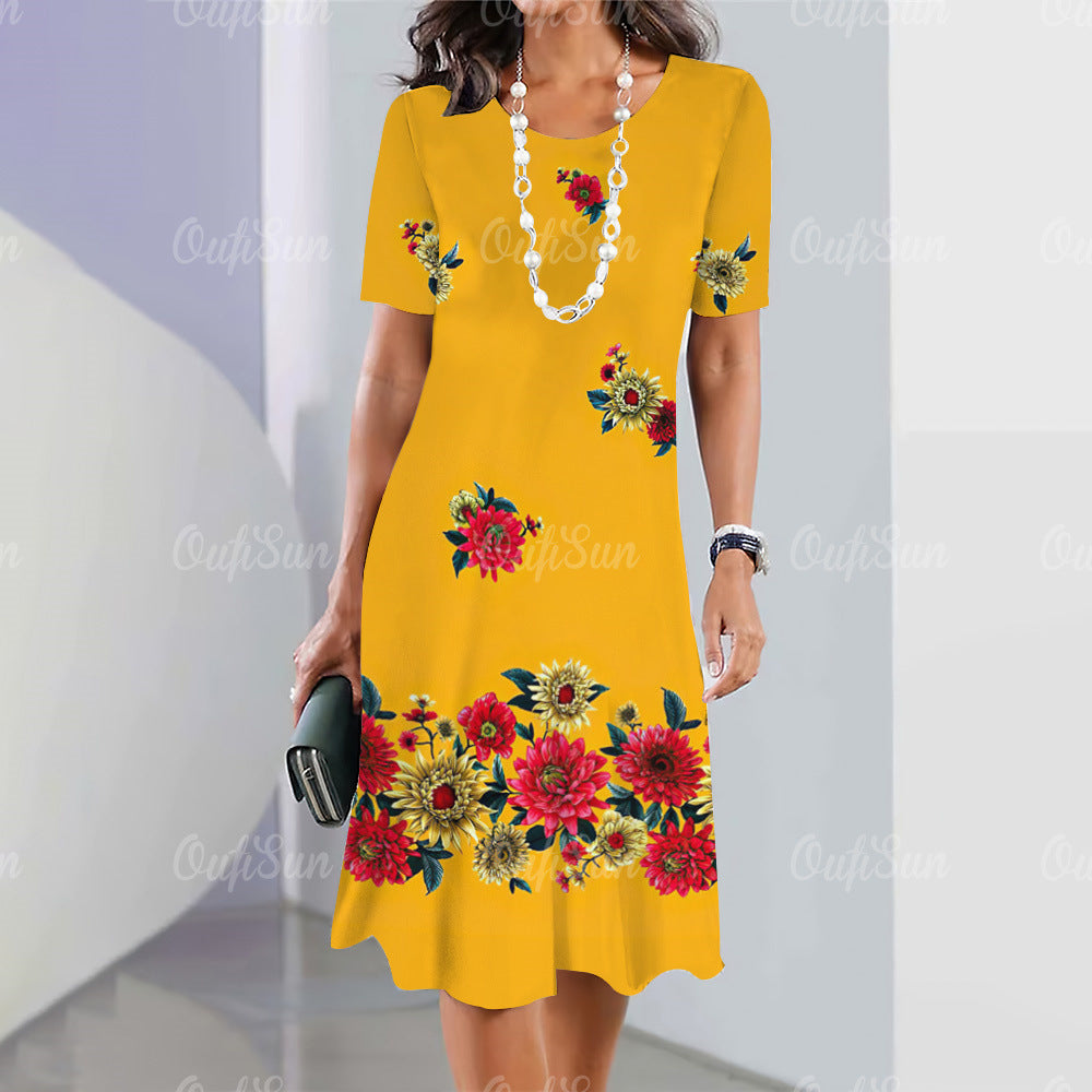 👗【S-5XL】Rochie midi cu mânecă lungă, cu decolteu rotund, imprimată nouă