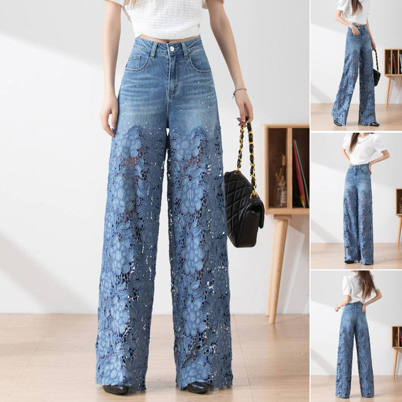 Pantaloni din denim albastru cu talie înaltă și croi larg, cusături goale din dantelă [40kg-120kg]