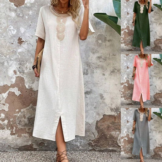 【S-3XL】Rochie brodata la gât rotund din bumbac si in de culoare uni 3983341