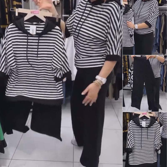 💟【45% OFF】💥 LICHIDARE DE STOC 💥 Set de top cu dungi și pantaloni uni pentru femei 3986352