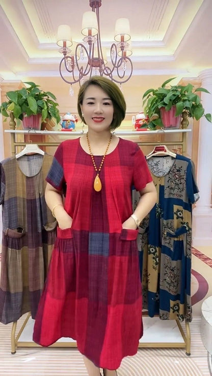 👗【50-100 kg】2025 Rochie de călătorie în carouri, la modă lejeră Rochie confortabilă pentru mamă