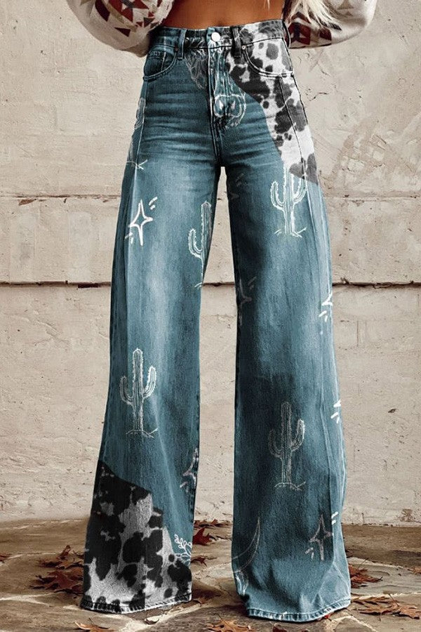 Pantaloni din denim albastru cu talie înaltă și croi larg, cusături goale din dantelă [40kg-120kg]