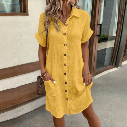 👗😍Rochie cu mânecă scurtă din bumbac și lenjerie de bumbac, lejeră și respirabilă