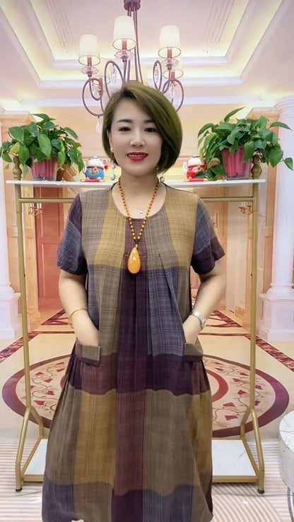 👗【50-100 kg】2025 Rochie de călătorie în carouri, la modă lejeră Rochie confortabilă pentru mamă