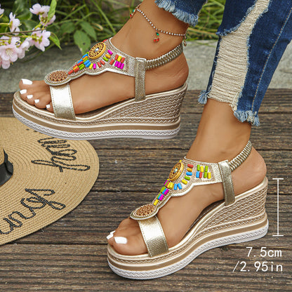 【35-43】✨Sandale de damă din piele cu talpă groasă și bandă elastică cu mărgele, vara anului 2025 🔥 Livrare gratuită.