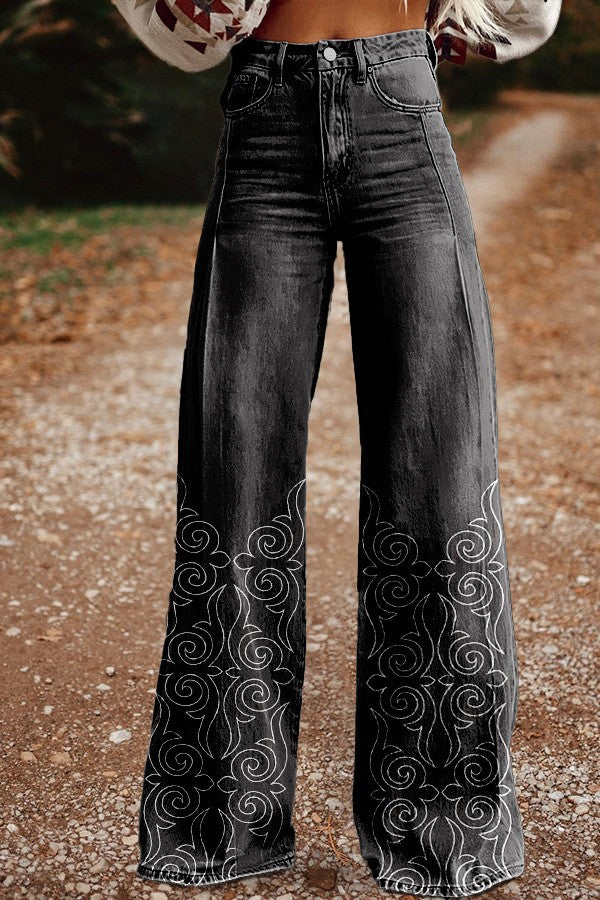 Pantaloni din denim albastru cu talie înaltă și croi larg, cusături goale din dantelă [40kg-120kg]