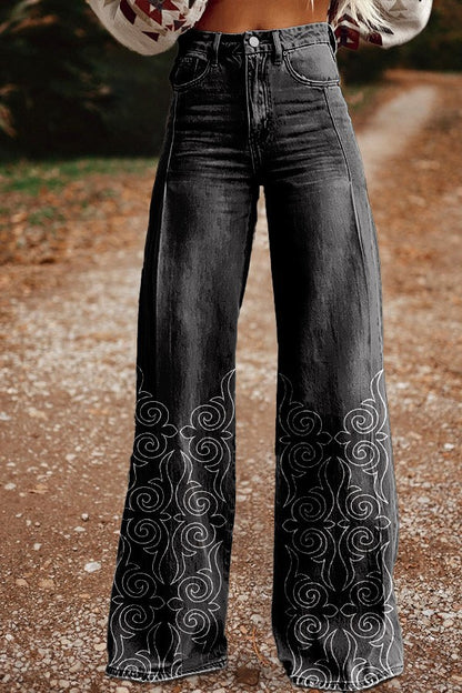 Pantaloni din denim albastru cu talie înaltă și croi larg, cusături goale din dantelă [40kg-120kg]