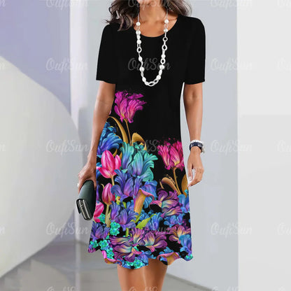 👗【S-5XL】Rochie midi cu mânecă lungă, cu decolteu rotund, imprimată nouă