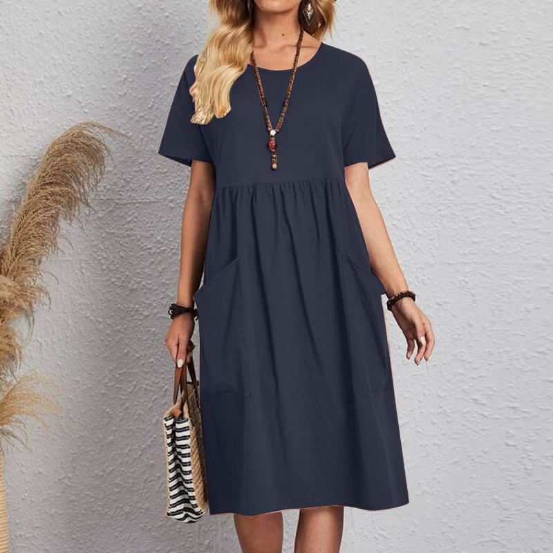 🔥👗【S~5XL】Rochie nouă de vară cu mâneci scurte și decolteu rotund din bumbac și in pentru anul 2025, confortabilă și vaporoasă