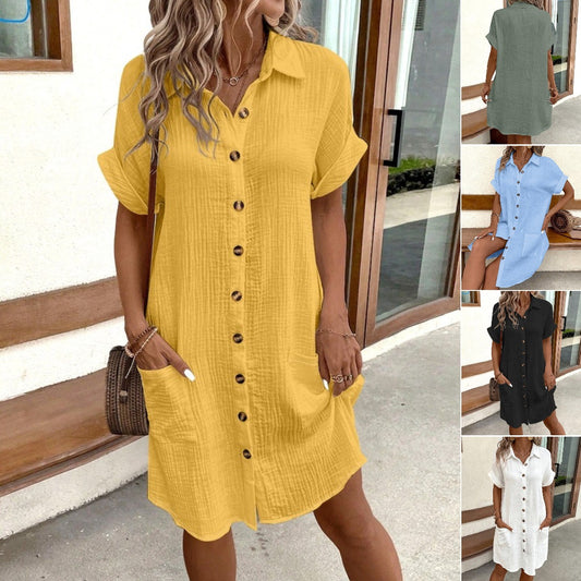 👗😍Rochie cu mânecă scurtă din bumbac și lenjerie de bumbac, lejeră și respirabilă