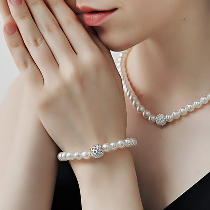 (Cercei + colier + bijuterii de mână, set de 3 piese) Set de bijuterii rafinat și elegant cu perle strălucitoare și strasuri