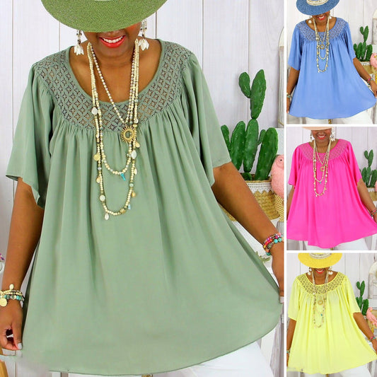 💐💐【XL-8XL】👚Imbracaminte pentru femei de vara noua de culoare uni din dantela larga plus marime