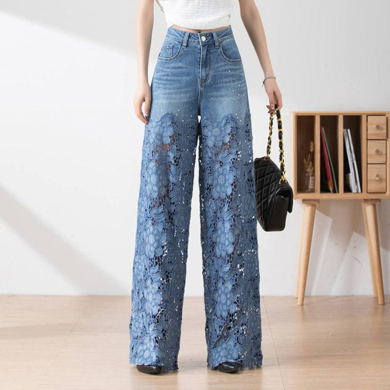 Pantaloni din denim albastru cu talie înaltă și croi larg, cusături goale din dantelă [40kg-120kg]