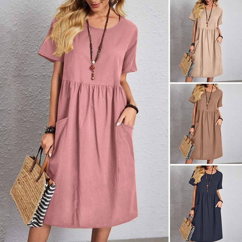 🔥👗【S~5XL】Rochie nouă de vară cu mâneci scurte și decolteu rotund din bumbac și in pentru anul 2025, confortabilă și vaporoasă