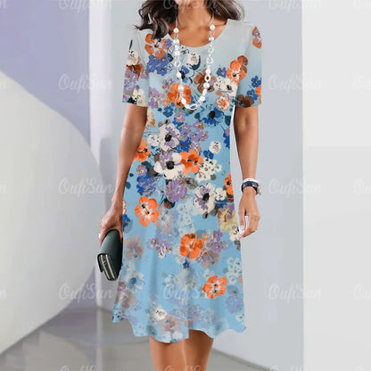 👗【S-5XL】Rochie midi cu mânecă lungă, cu decolteu rotund, imprimată nouă