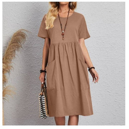🔥👗【S~5XL】Rochie nouă de vară cu mâneci scurte și decolteu rotund din bumbac și in pentru anul 2025, confortabilă și vaporoasă