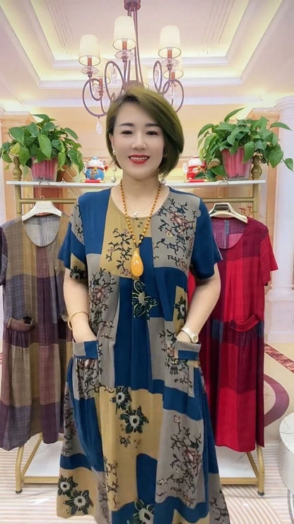 👗【50-100 kg】2025 Rochie de călătorie în carouri, la modă lejeră Rochie confortabilă pentru mamă