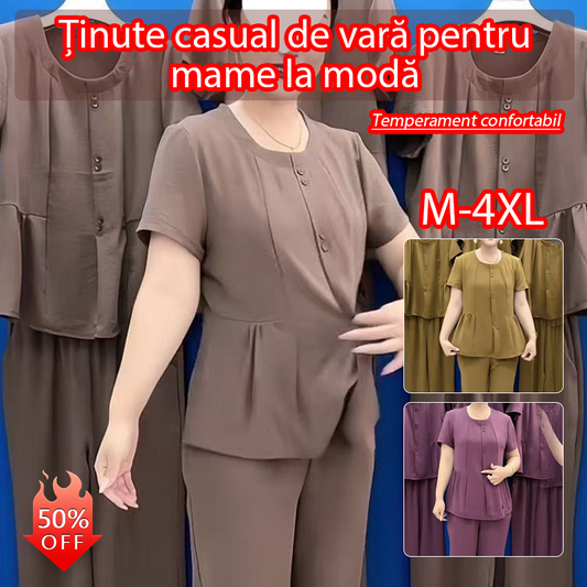 【Top + Pantaloni】🔥Costum sport din două piese, temperament slim, mărime mare,