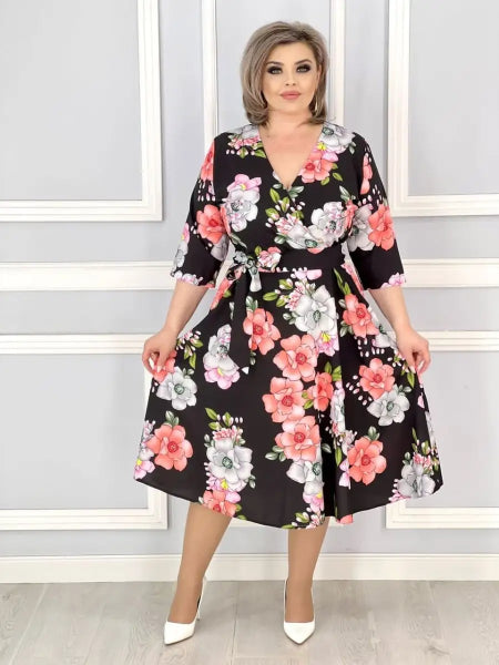 👗🌸【S-5XL】Rochie elegantă cu imprimeu floral și decolteu în V