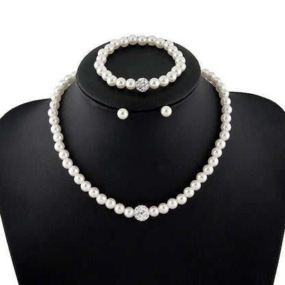 (Cercei + colier + bijuterii de mână, set de 3 piese) Set de bijuterii rafinat și elegant cu perle strălucitoare și strasuri