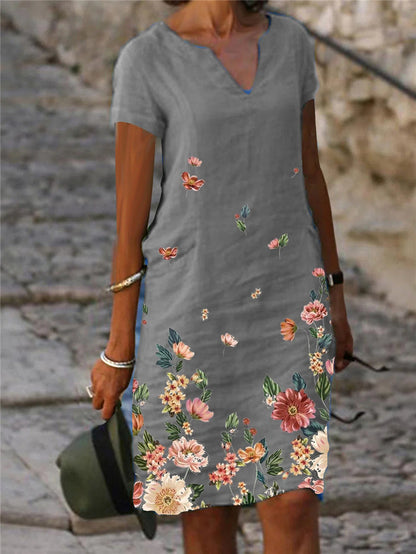 【S-3XL】🌺🦋2025 Rochie cu mânecă scurtă și decolteu în V, cu imprimeu cu flori și fluturi