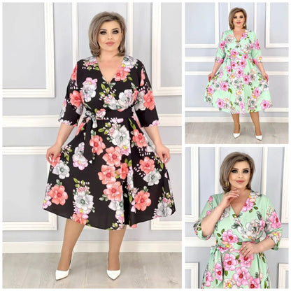 👗🌸【S-5XL】Rochie elegantă cu imprimeu floral și decolteu în V